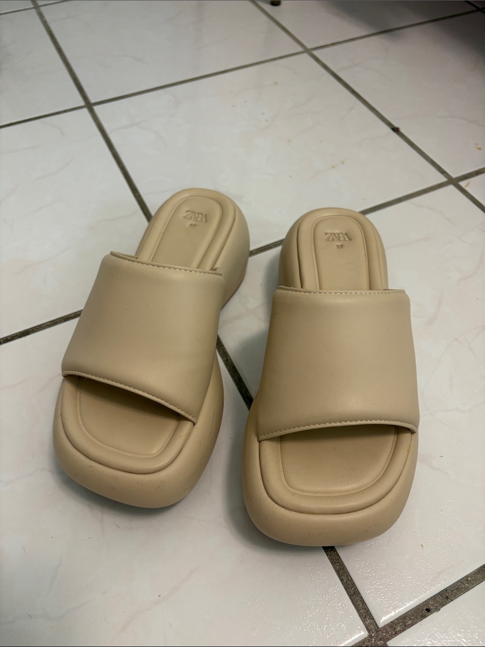 Zara Sand Padded Slide Mules in Beige